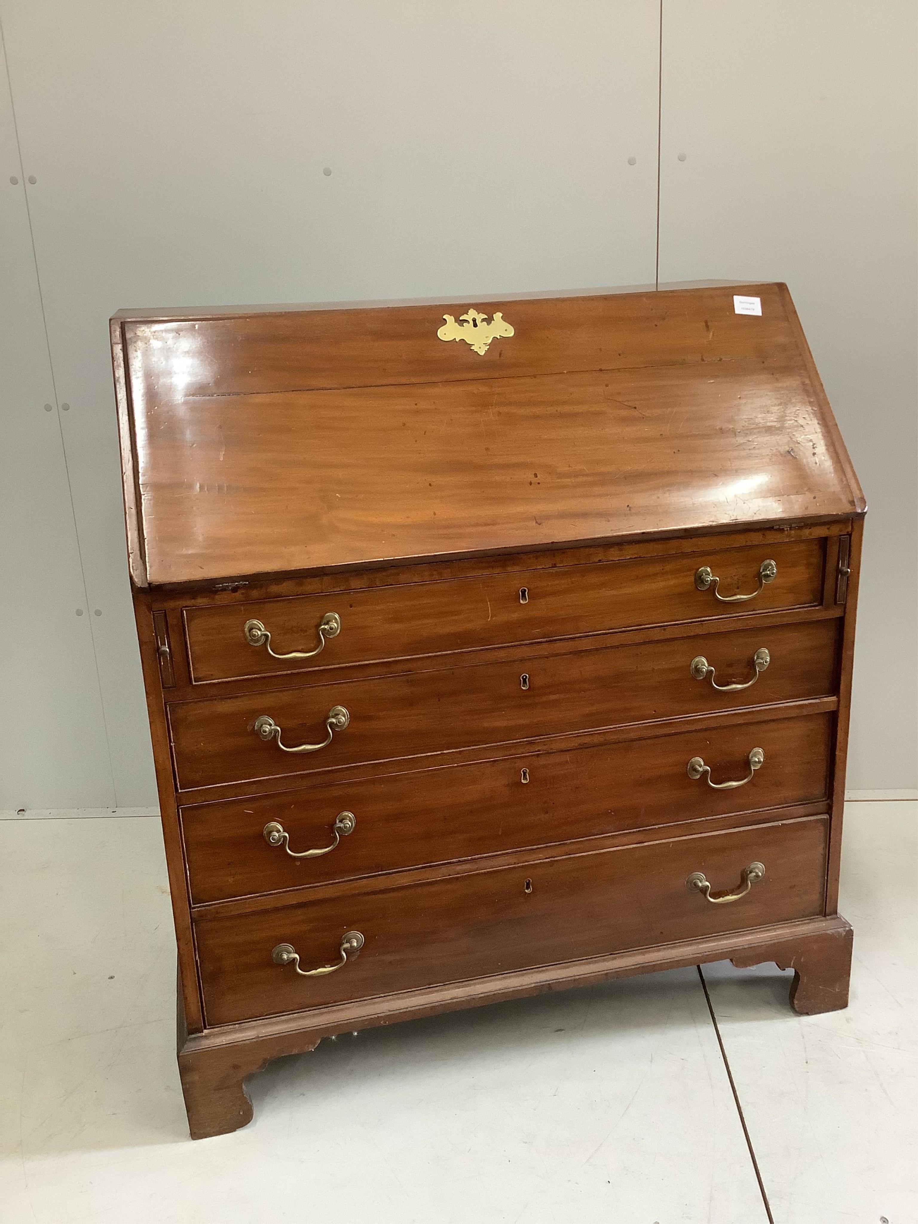 A George III mahogany bureau, width 100cm, depth 54cm, height 112cm. Condition - poor